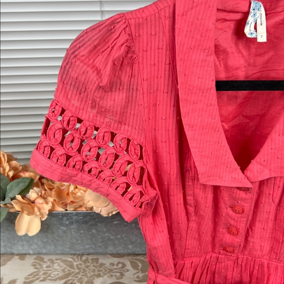 Maeve Anthropologie Coral 100% Cotton Swiss Dotted Belted Short Sleeve Dress 2 - Picture 4 of 9